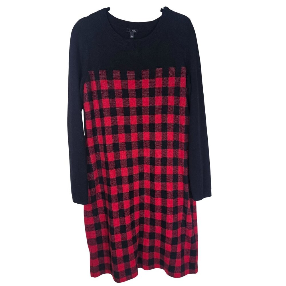 Talbots Lambswool Blend Sweater Dress L‎ Red Buffalo Plaid Preppy Holiday Winter